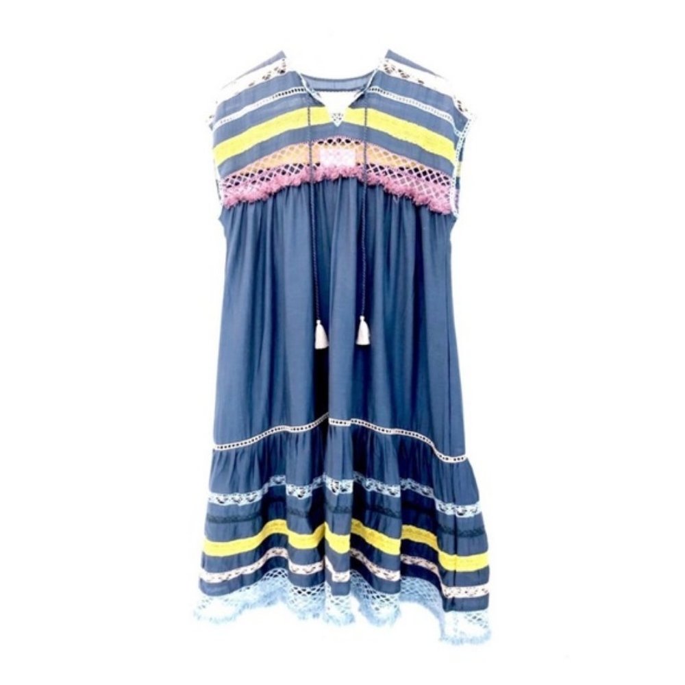 Free People Crochet Lace Boho Midi Dress Blue Pink - Picture 4 of 9